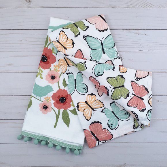 Kitchen Towels Set of 2 Flowers Birds Butterflies Dual Purpose - Picture 4 of 4